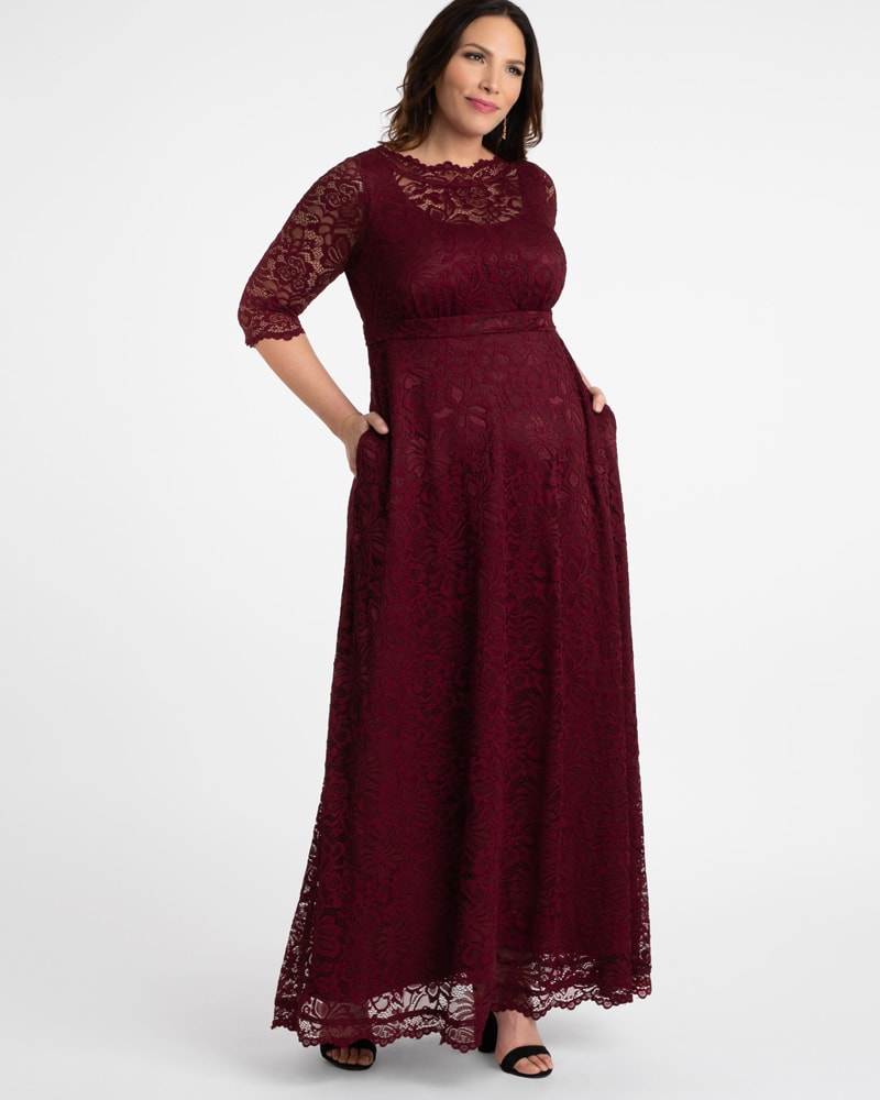 Front of a model wearing a size 0X Leona Lace Gown in PINOT NOIR by Kiyonna. | dia_product_style_image_id:274058